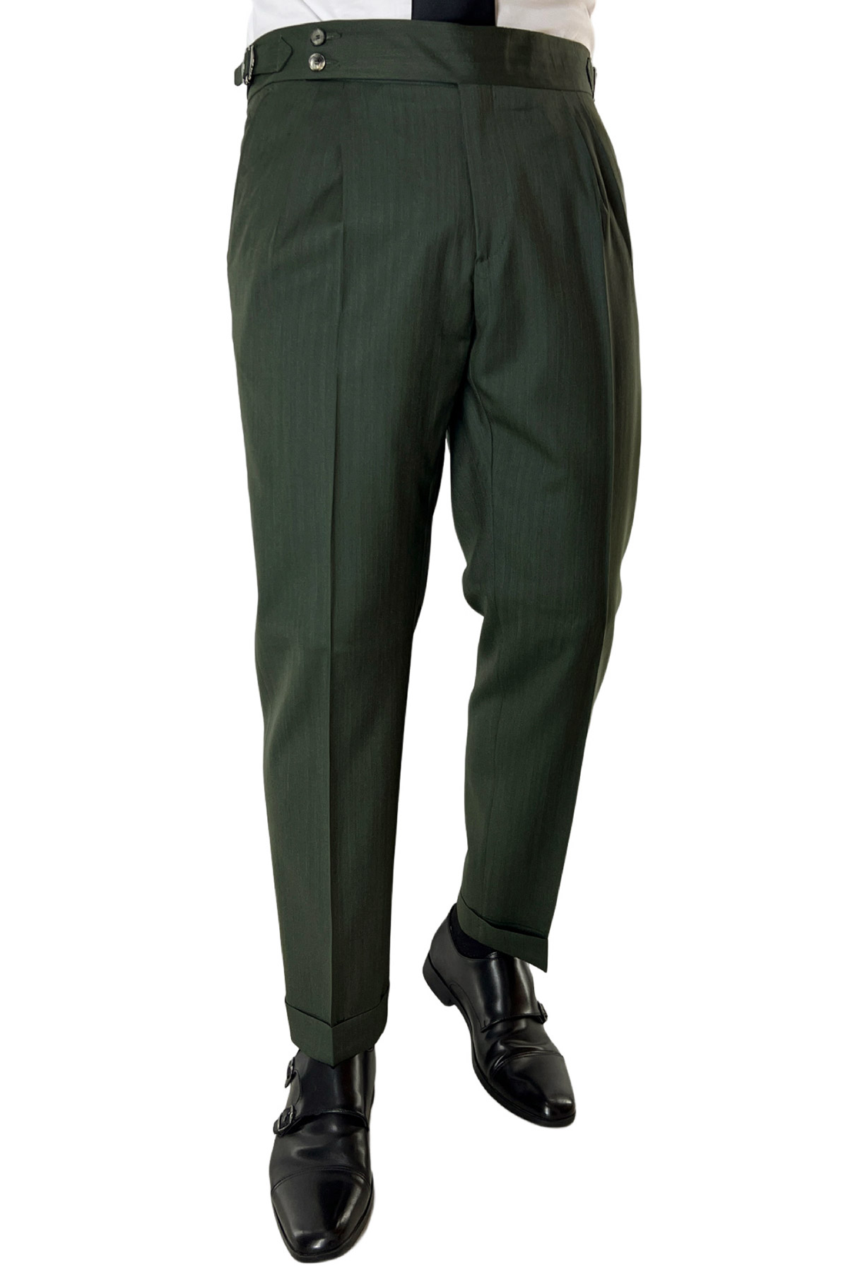 Pantalone uomo verde militare Solaro vita alta doppia pinces in fresco lana e seta Vitale Barberis Canonico
