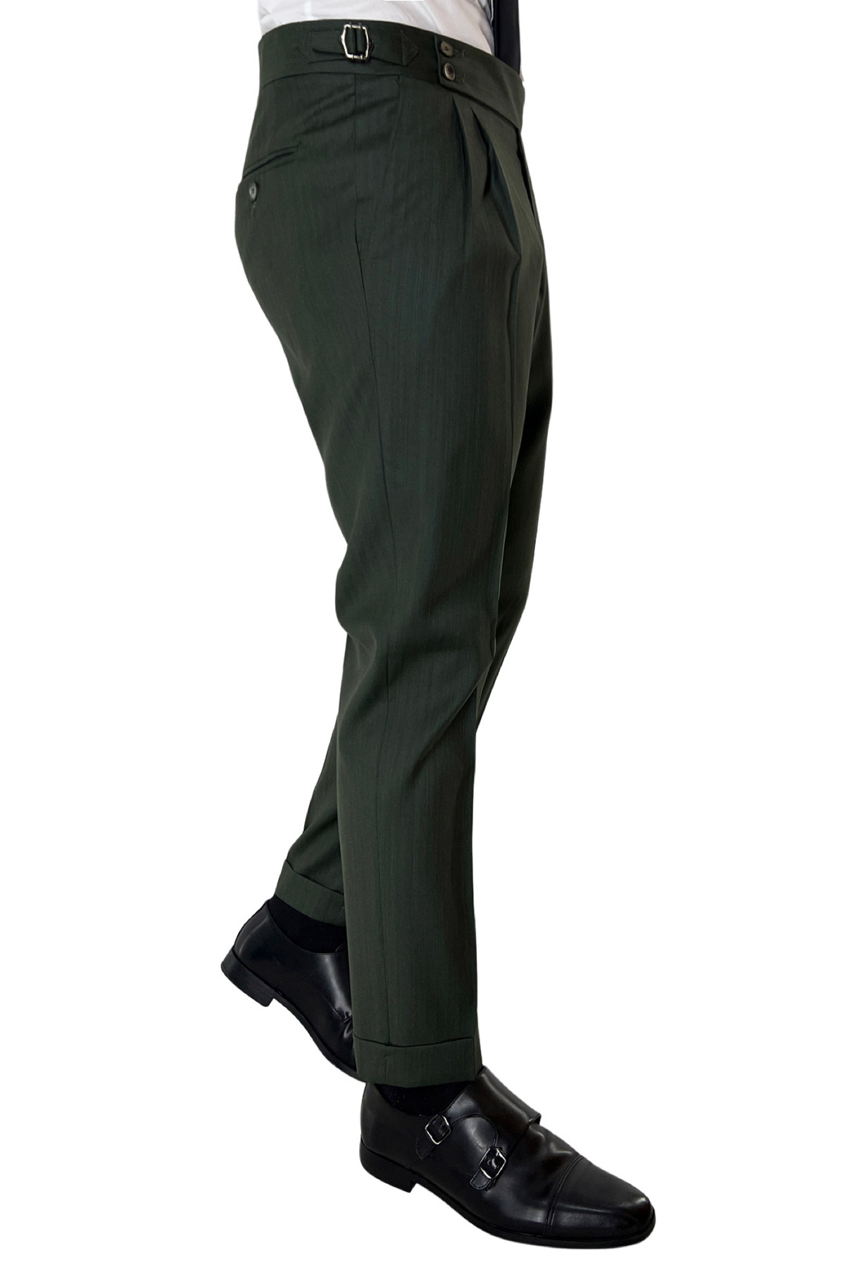 Pantalone uomo verde militare Solaro vita alta doppia pinces in fresco lana e seta Vitale Barberis Canonico