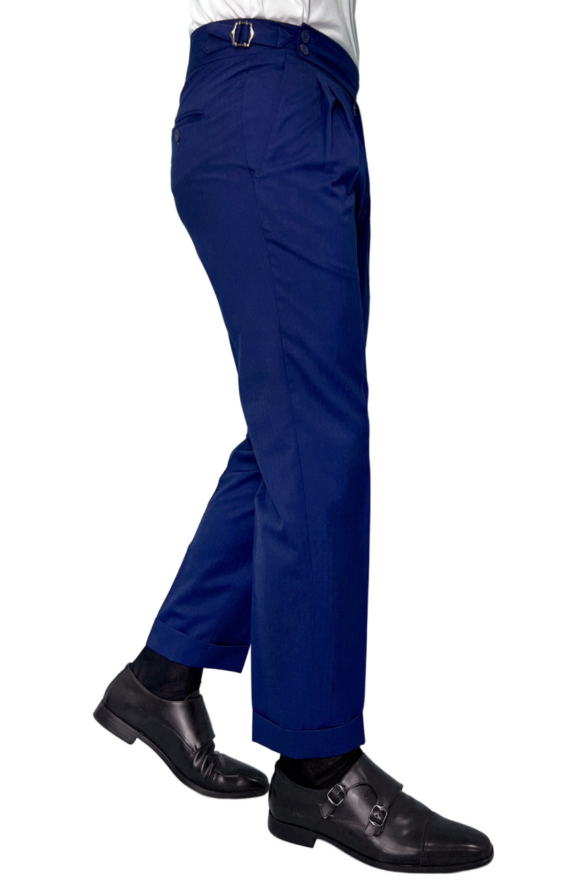 Abito uomo Doppiopetto Royal Blu Solaro fresco lana super 100 s e seta Holland Sherry Rever a lancia con pantalone vita alta con fibbie Carillo Moda Abbigliamento uomo e donna