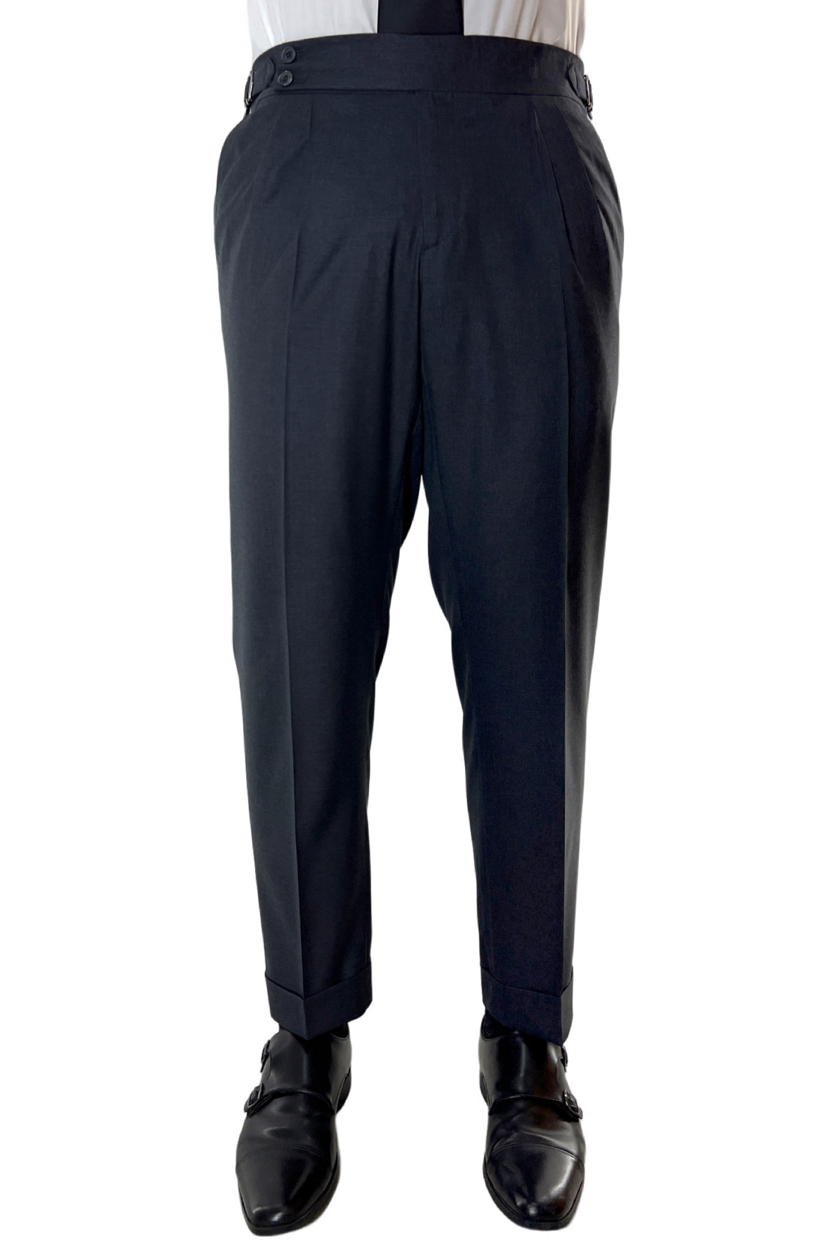 Pantalone uomo grigio scuro vita alta doppia pinces in fresco lana super 140's Holland & Sherry