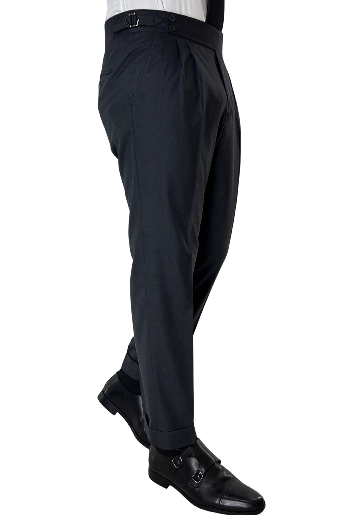 Pantalone uomo grigio scuro vita alta doppia pinces in fresco lana super 140's Holland & Sherry