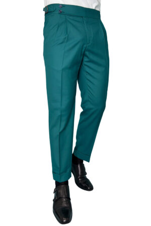 Pantalone uomo verde menta vita alta doppia pinces in fresco lana super 140's Holland & Sherry