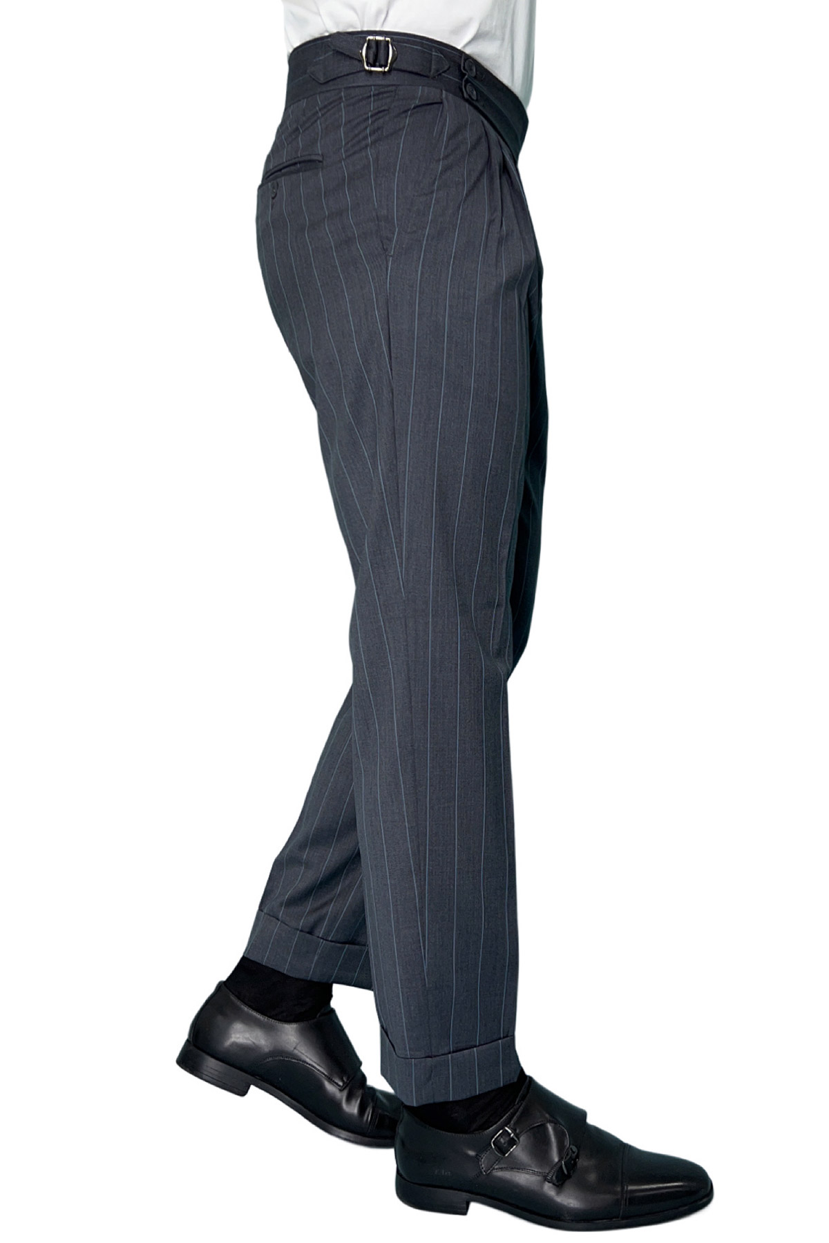 Pantalone uomo grigio gessato celeste vita alta doppia pinces in fresco lana super 130's
