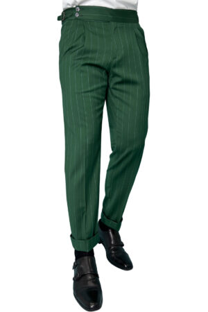 Pantalone uomo verde gessato celeste vita alta doppia pinces in fresco lana super 130's