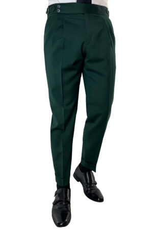 Pantalone uomo verde bottiglia vita alta doppia pinces in fresco lana super 130's