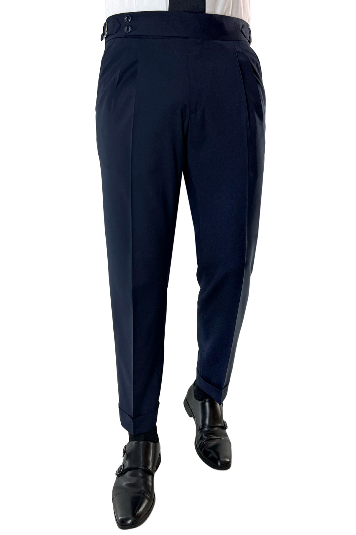 Pantalone uomo Navy blu vita alta doppia pinces in fresco lana misto