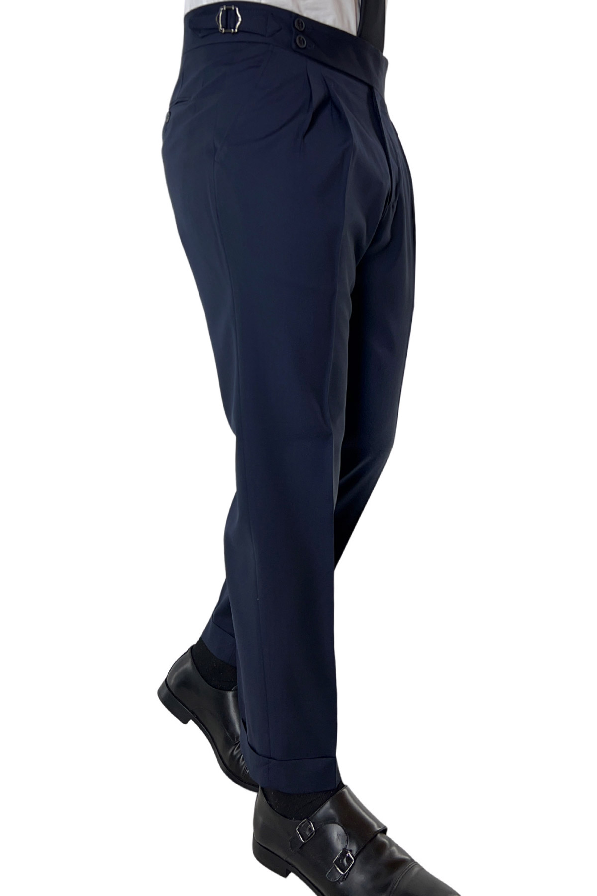 Pantalone uomo Navy blu vita alta doppia pinces in fresco lana misto