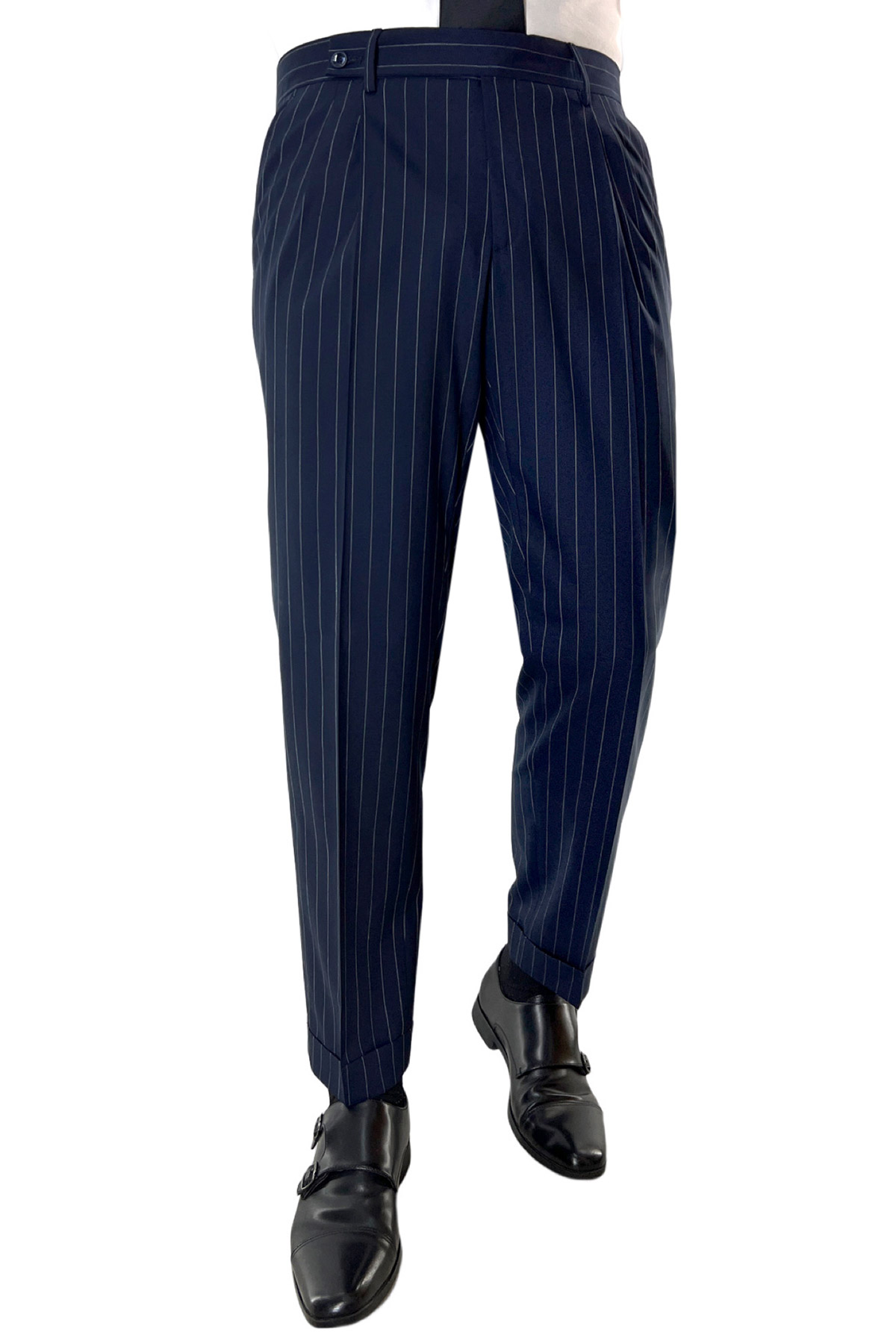Pantalone uomo navy blu gessato bianco chiusura prolungata doppia pinces in fresco lana Holland & Sherry