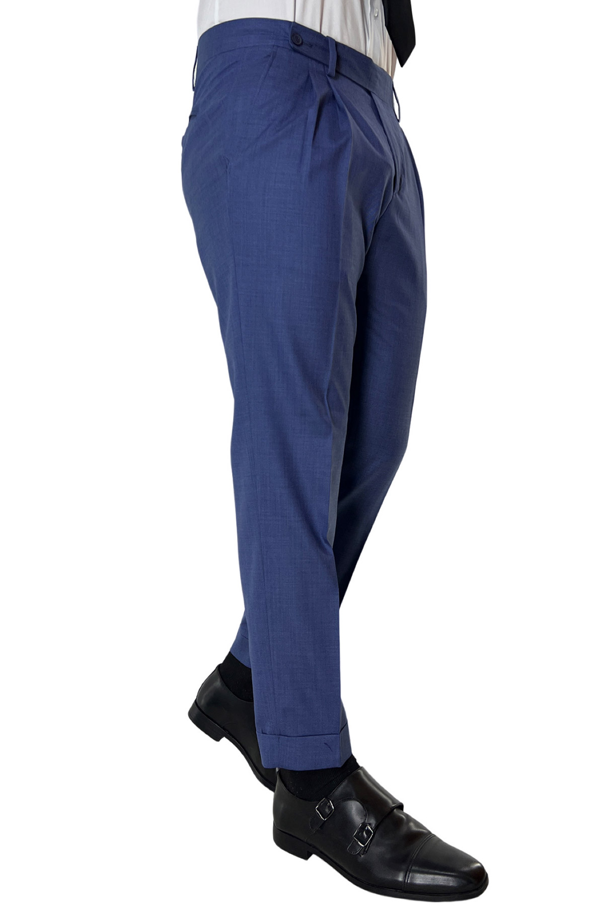 Pantalone uomo color denim chiusura prolungata doppia pinces in fresco lana super 140's Holland & Sherry