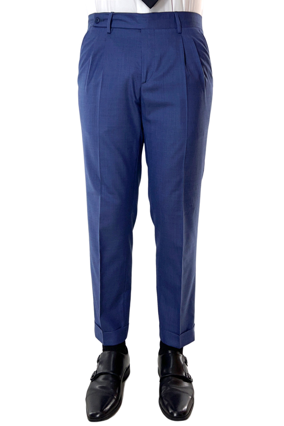 Pantalone uomo color denim chiusura prolungata doppia pinces in fresco lana super 140's Holland & Sherry