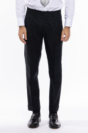 Pantalone uomo nero chiusura prolungata doppia pinces in fresco lana super 140's Holland & Sherry