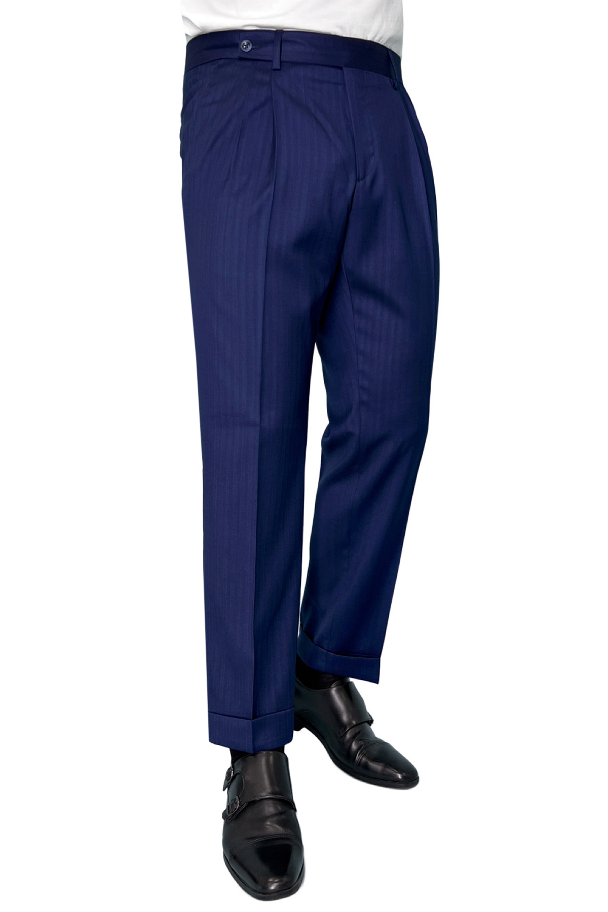 Pantalone uomo royal blu chiusura prolungata doppia pinces in fresco lana e seta Solaro Vitale Barberis Canonico