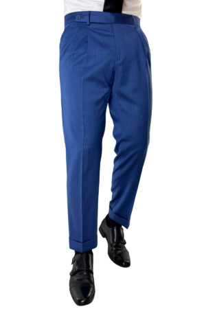 Pantalone uomo Azzurro chiusura prolungata doppia pinces in fresco lana e seta Solaro Vitale Barberis Canonico