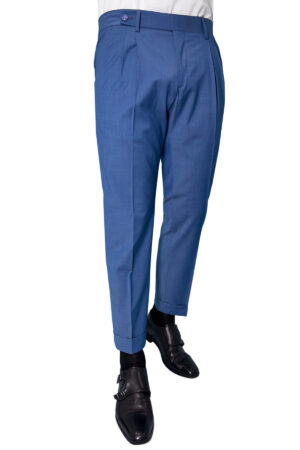 Pantalone uomo color denim chiusura prolungata doppia pinces in fresco lana misto