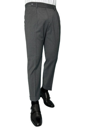 Pantalone uomo grigio scuro chiusura prolungata doppia pinces in fresco lana misto