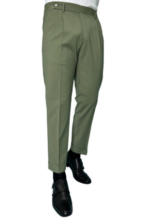 Pantalone uomo verde salvia chiusura prolungata doppia pinces in fresco lana misto