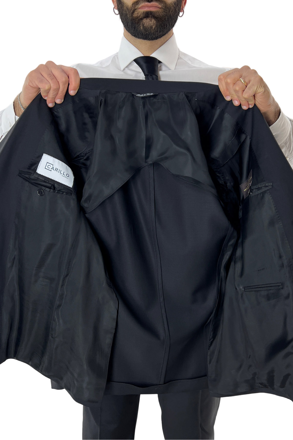 Abito uomo nero con giacca monopetto e pantalone vita alta doppia pinces fresco lana super 130’s Vitale Barberis Canonico