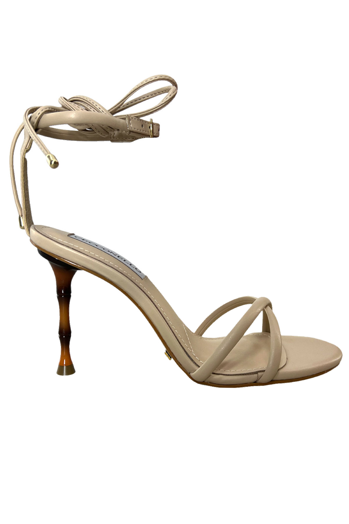 Sandalo donna con tacco in bamboo 9cm cavigliera regolabile e laccio fasce in punta intrecciate