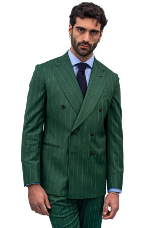 Giacca uomo Doppiopetto Verde fantasia gessata celeste fresco lana super 130's Bristol Tessuti Rever a lancia