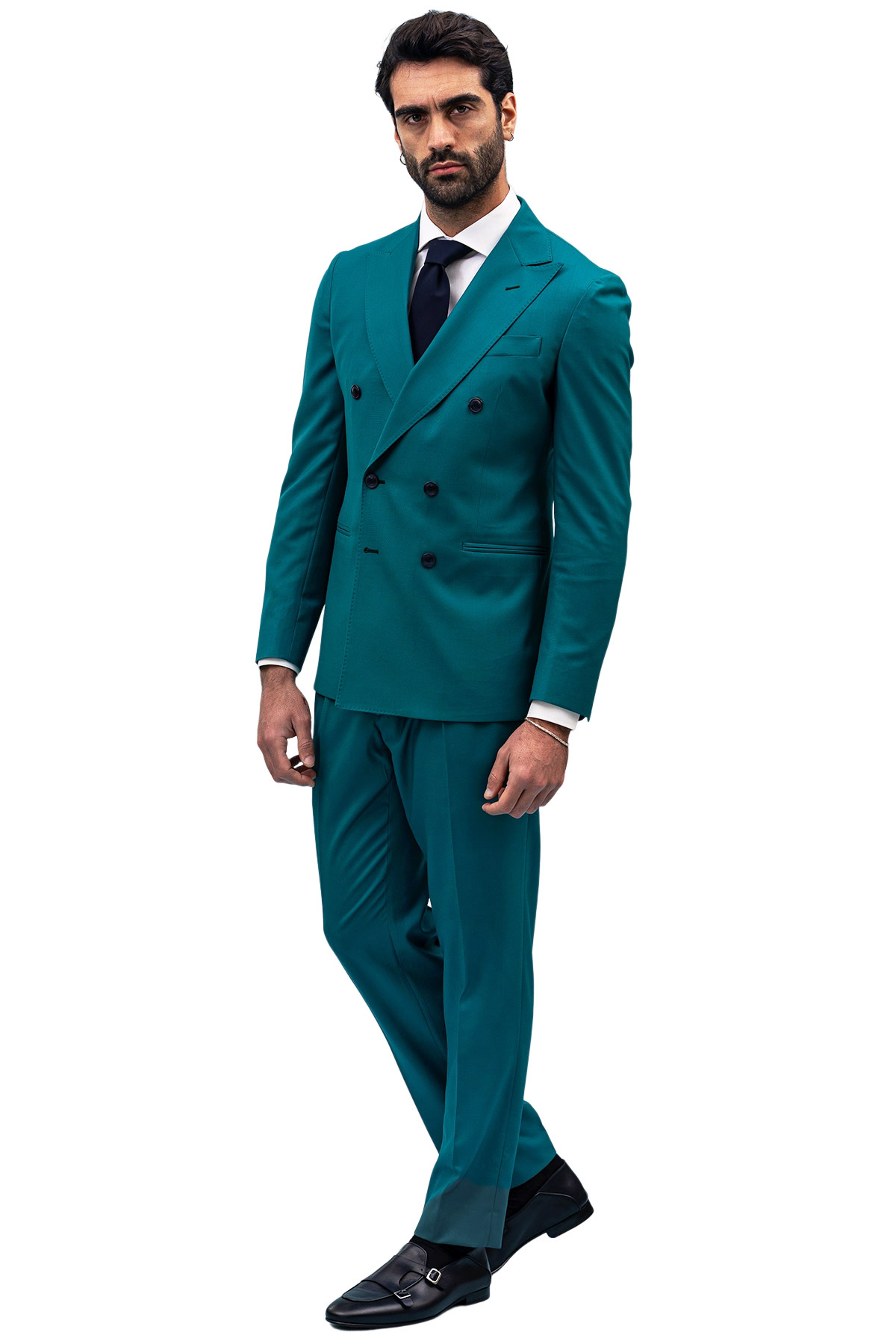 Abito uomo Doppiopetto verde menta fresco lana super 140’s Holland & Sherry Rever a lanciacon pantalone vita alta con fibbie