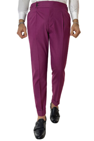 Pantalone uomo vinaccia in fresco lana 100's Holland & Sherry vita alta con pinces fibbie laterali e risvolto 4cm