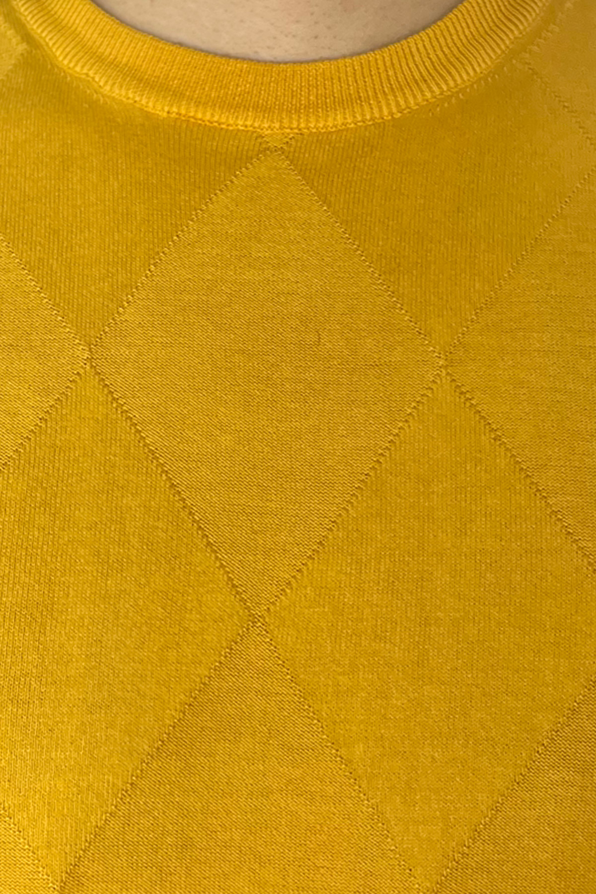 Maglioncino da uomo Giallo mezze maniche 100% cotone di filo finezza 14 trama rombi tono su tono