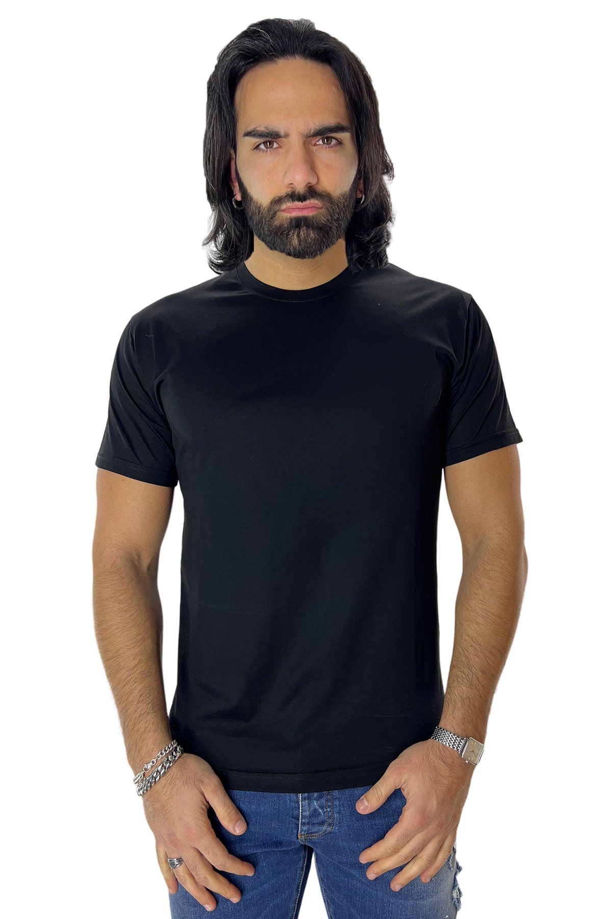 T shirt da uomo filo di scozia nera 100 cotone slim fit tinta unita Made In Italy Carillo Moda Abbigliamento uomo e donna scarpe e accessori