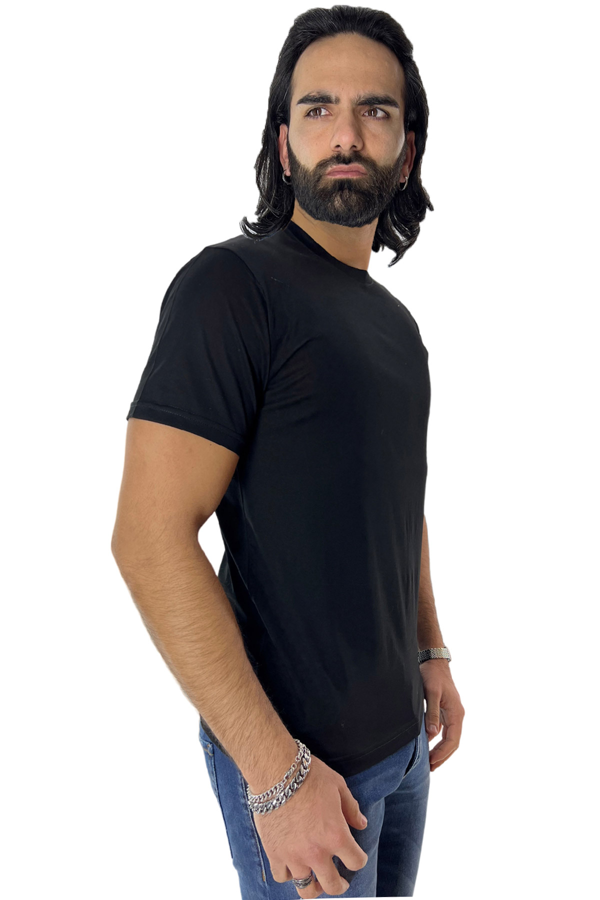 T-shirt da uomo filo di scozia nera 100% cotone slim fit tinta unita Made In Italy