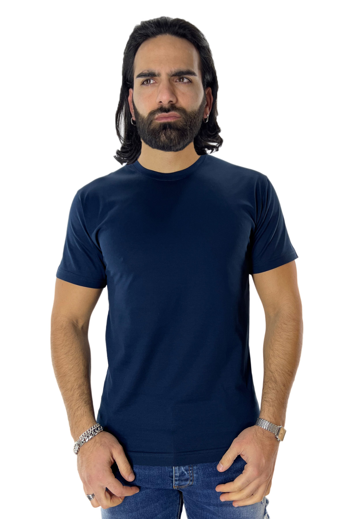 T-shirt da uomo filo di scozia Blu 100% cotone slim fit tinta unita Made In Italy