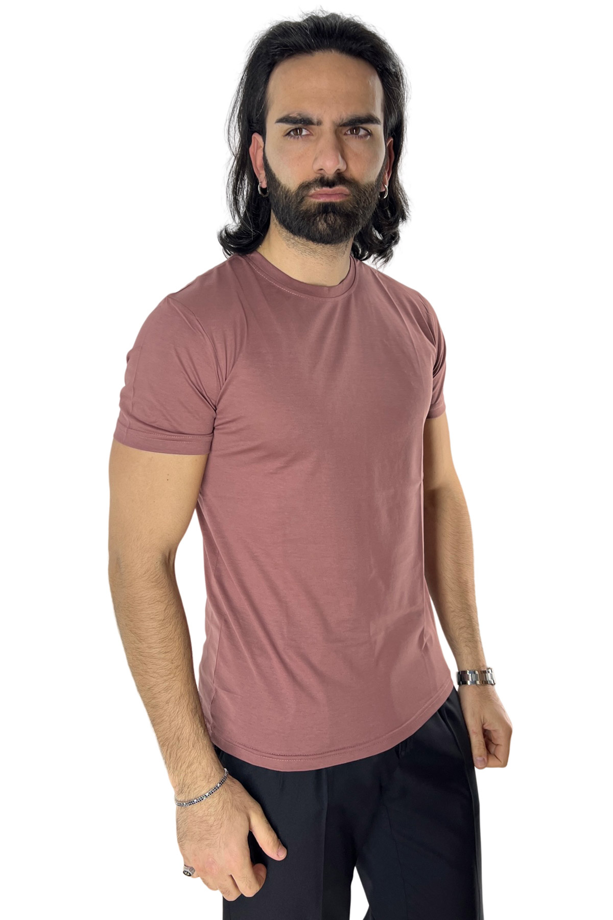 T-shirt da uomo filo di scozia rosa antico 100% cotone slim fit tinta unita Made In Italy