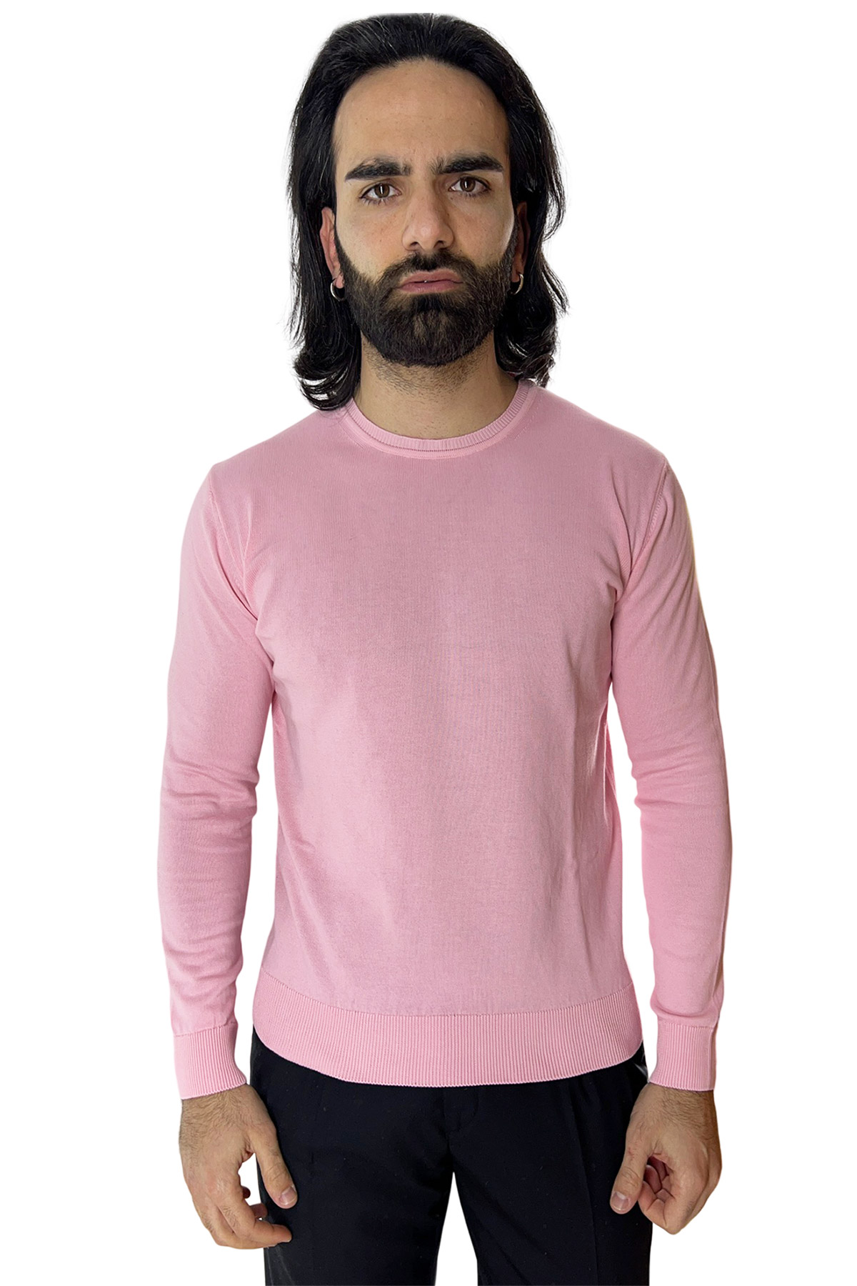Maglioncino da uomo rosa maniche lunghe 100% cotone di filo tinta unita finezza 12