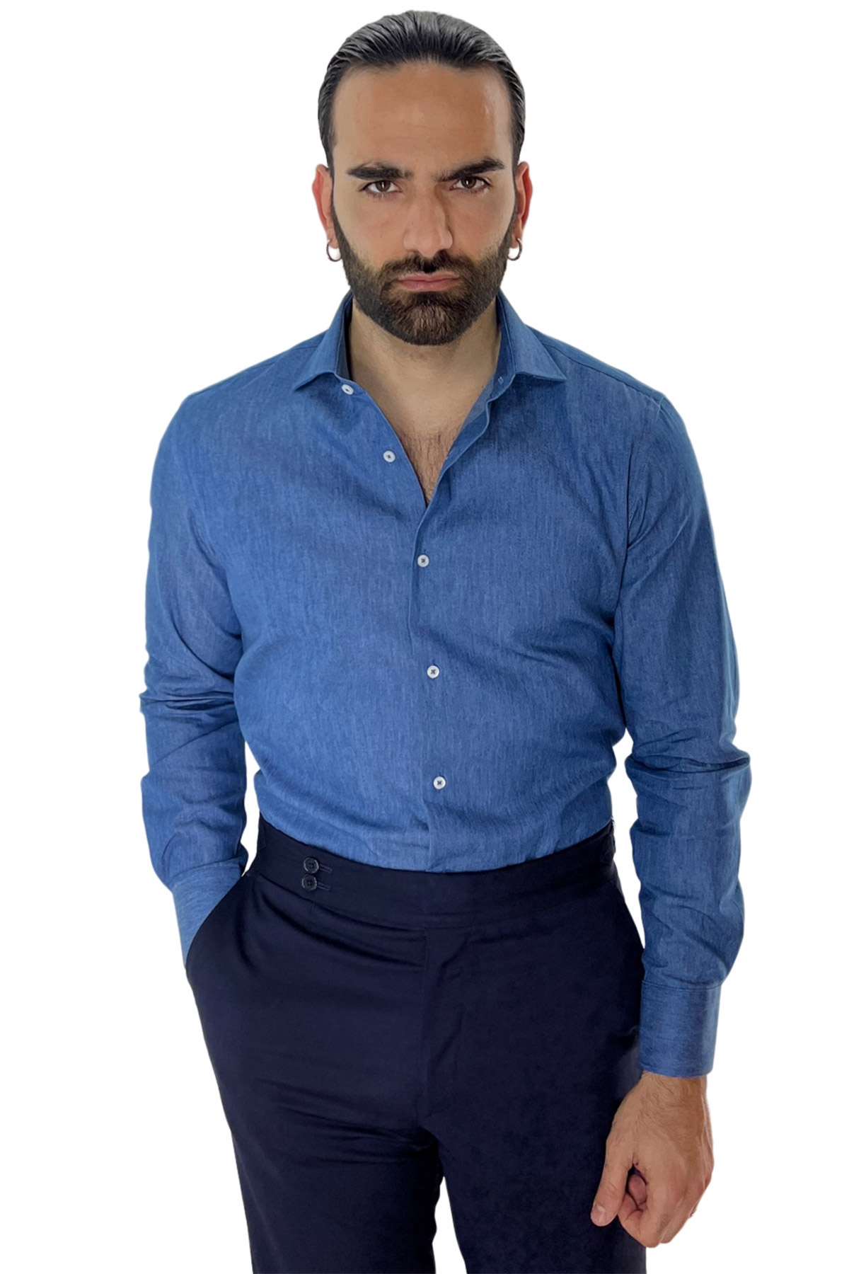 Camicia Uomo regular fit in cotone 100% effetto denim Collo semi francese