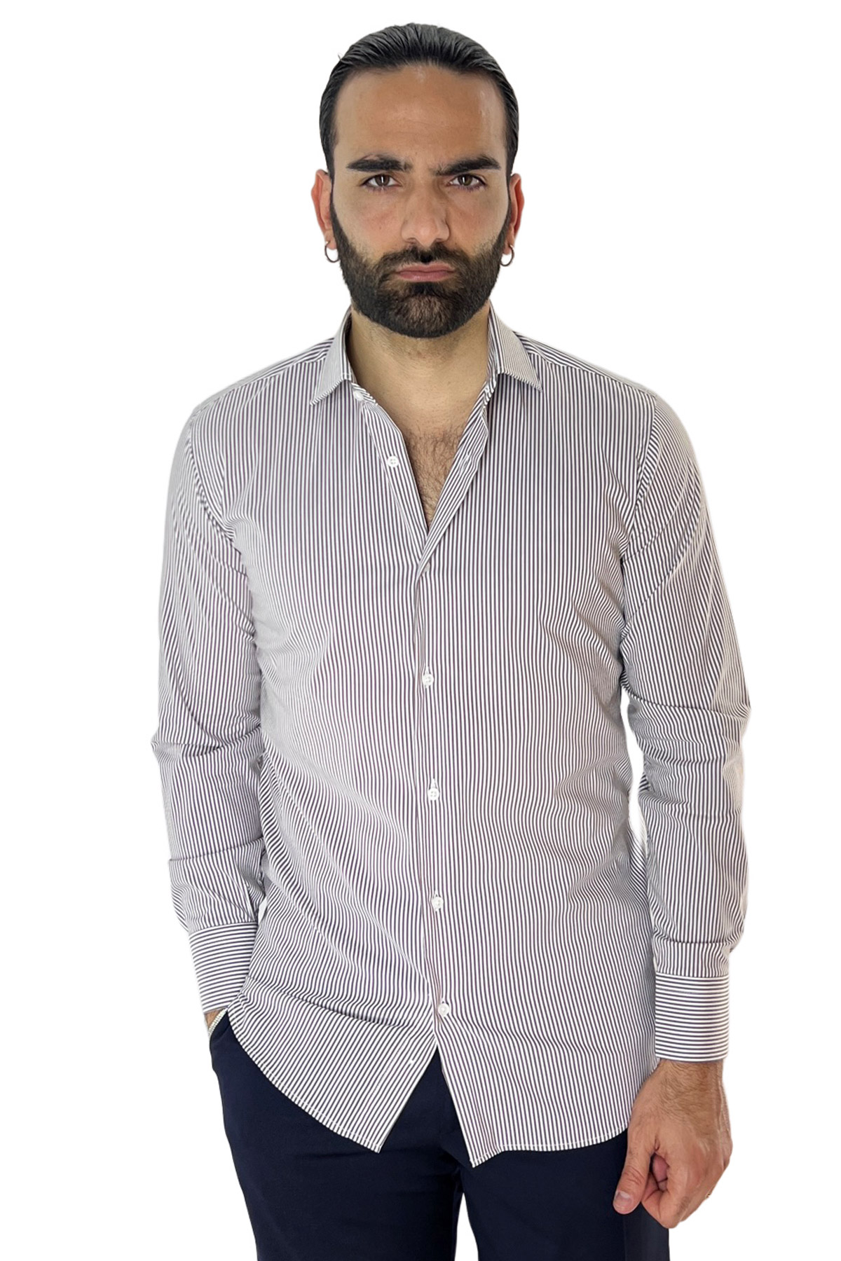 Camicia Uomo riga larga cotone elasticizzato collo semi francese