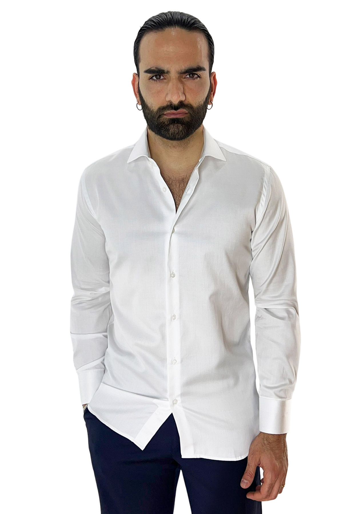 Camicia Uomo slim Fit 100% cotone Tinta unita collo semi francese