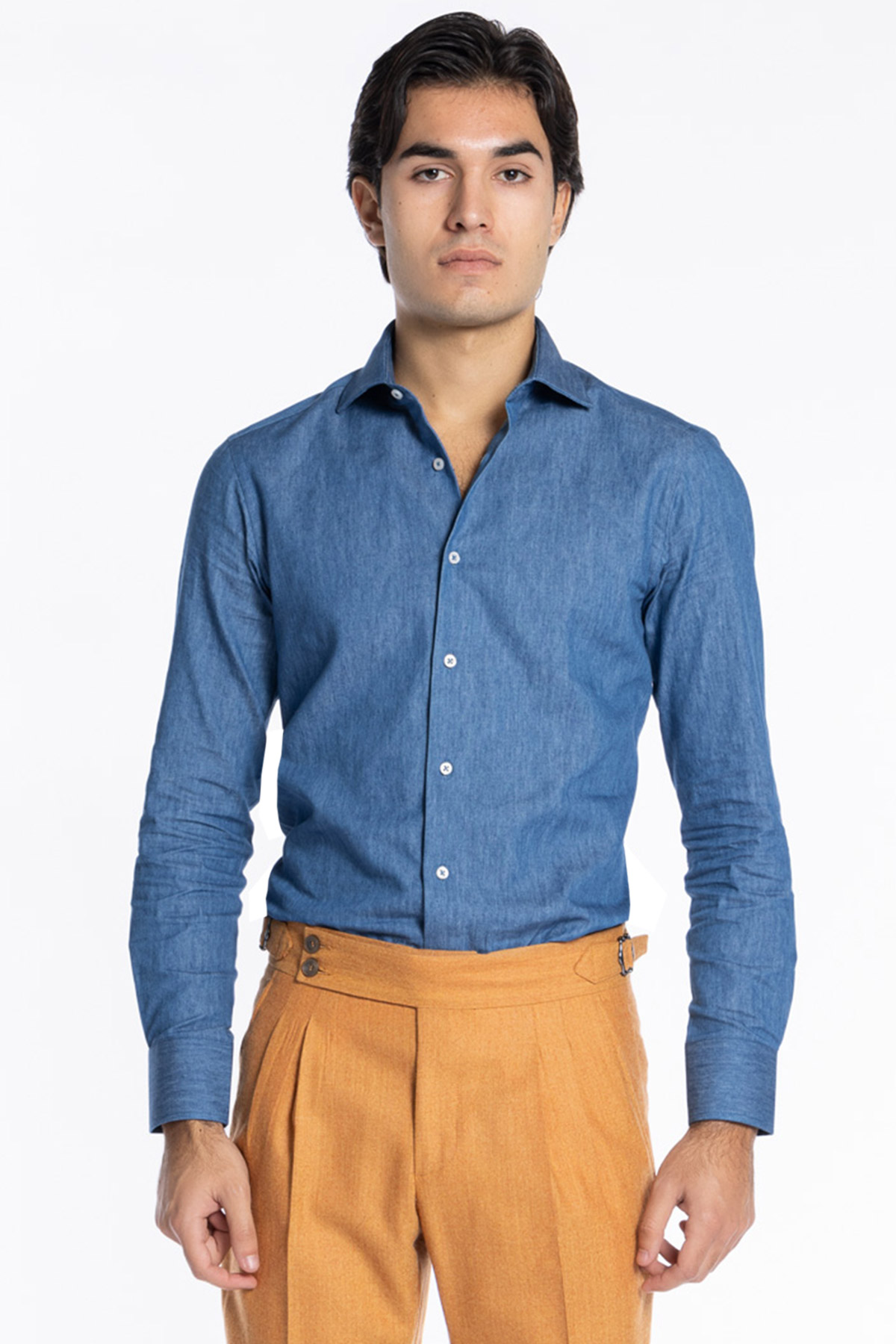 Camicia Uomo slim fit in cotone 100% effetto denim Collo semi francese