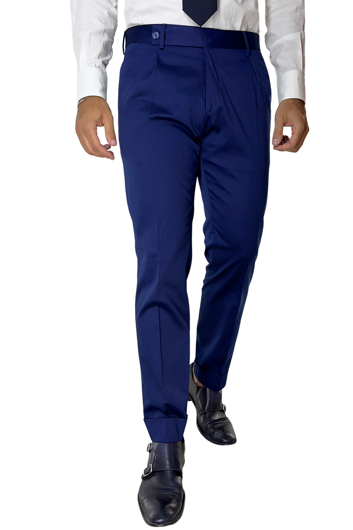 Pantalone uomo Navy blu di cotone leggermente elastico tasca america con una pinces e risvolto 4cm