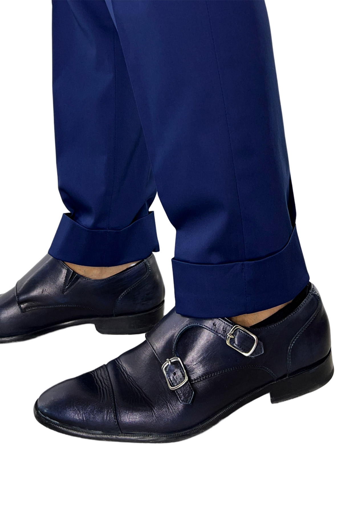 Pantalone uomo Navy blu di cotone leggermente elastico tasca america con una pinces e risvolto 4cm