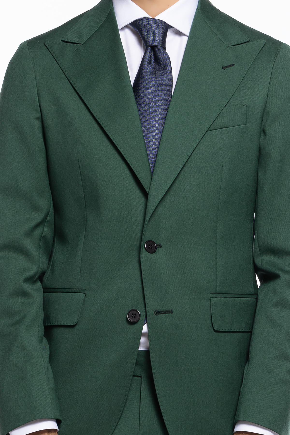 Abito uomo monopetto verde bottiglia fresco lana mista super 130’s Bristol Tessuti Rever a lancia 13cm con pantalone una pinces vestibilità slim