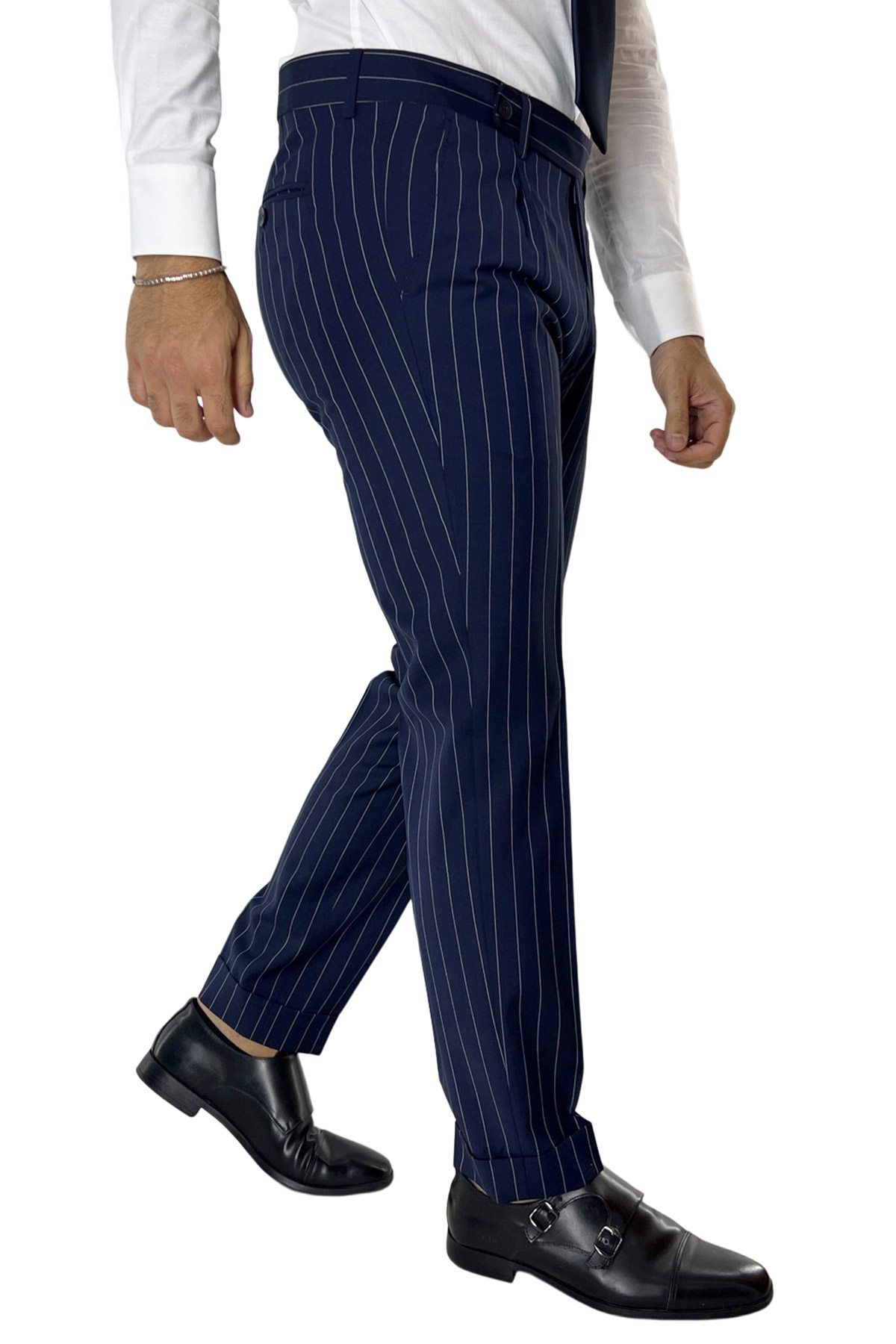 Pantalone uomo blu gessato fresco lana tasca america con una pinces e risvolto 4cm