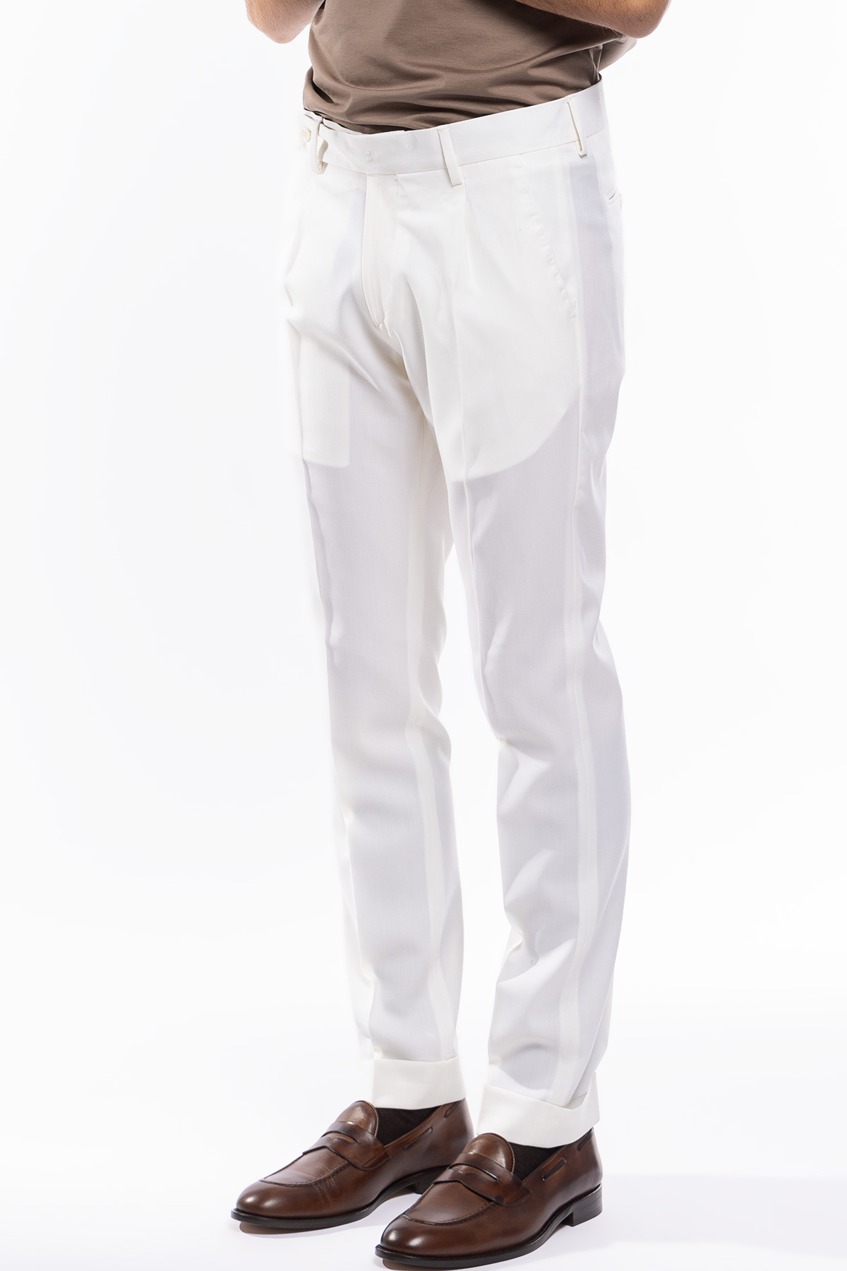 Pantalone uomo Bianco fresco lana super 130's tasca america con una pinces e risvolto 4cm