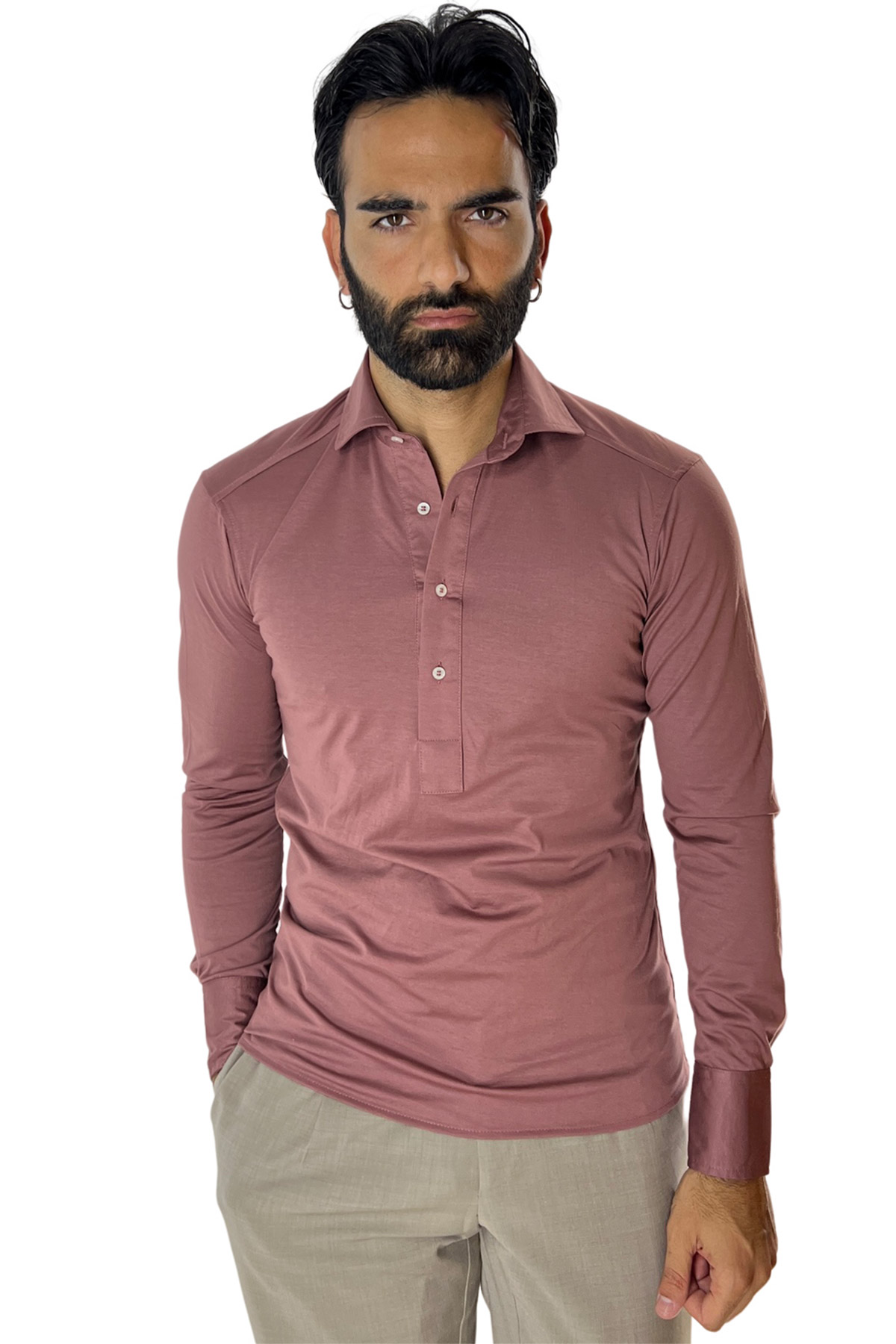 Polo camicia da uomo rosa antico manica lunga in filo di scozia 100% made in italy