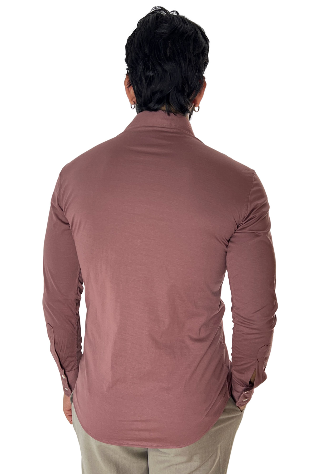 Polo camicia da uomo rosa antico manica lunga in filo di scozia 100% made in italy