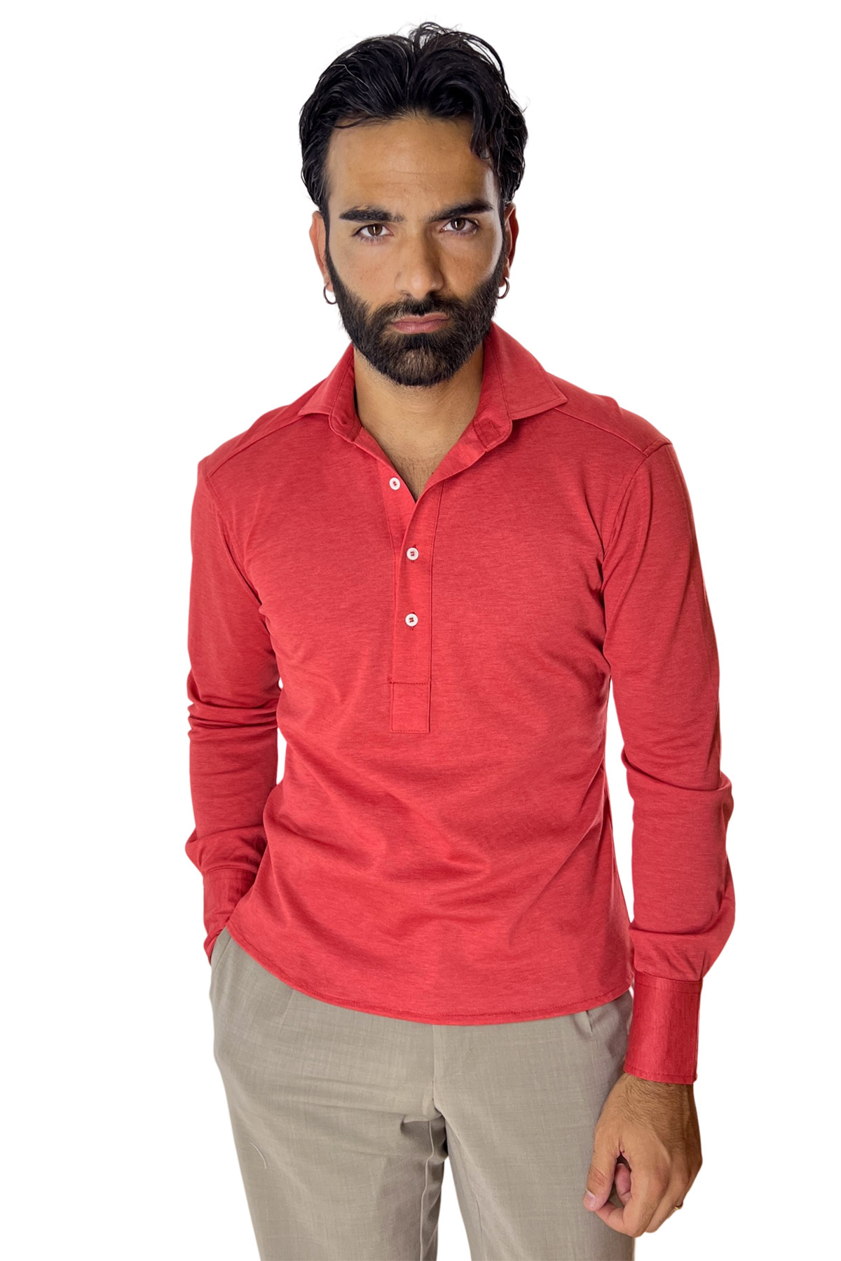 Polo camicia da uomo rossa trattamento stone wash manica lunga in piquet cotone 100% Canclini
