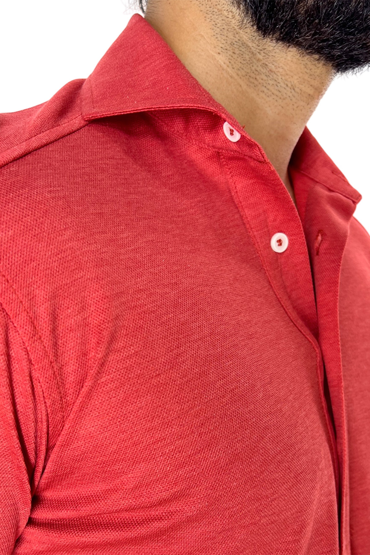 Polo camicia da uomo rossa trattamento stone wash manica lunga in piquet cotone 100% Canclini