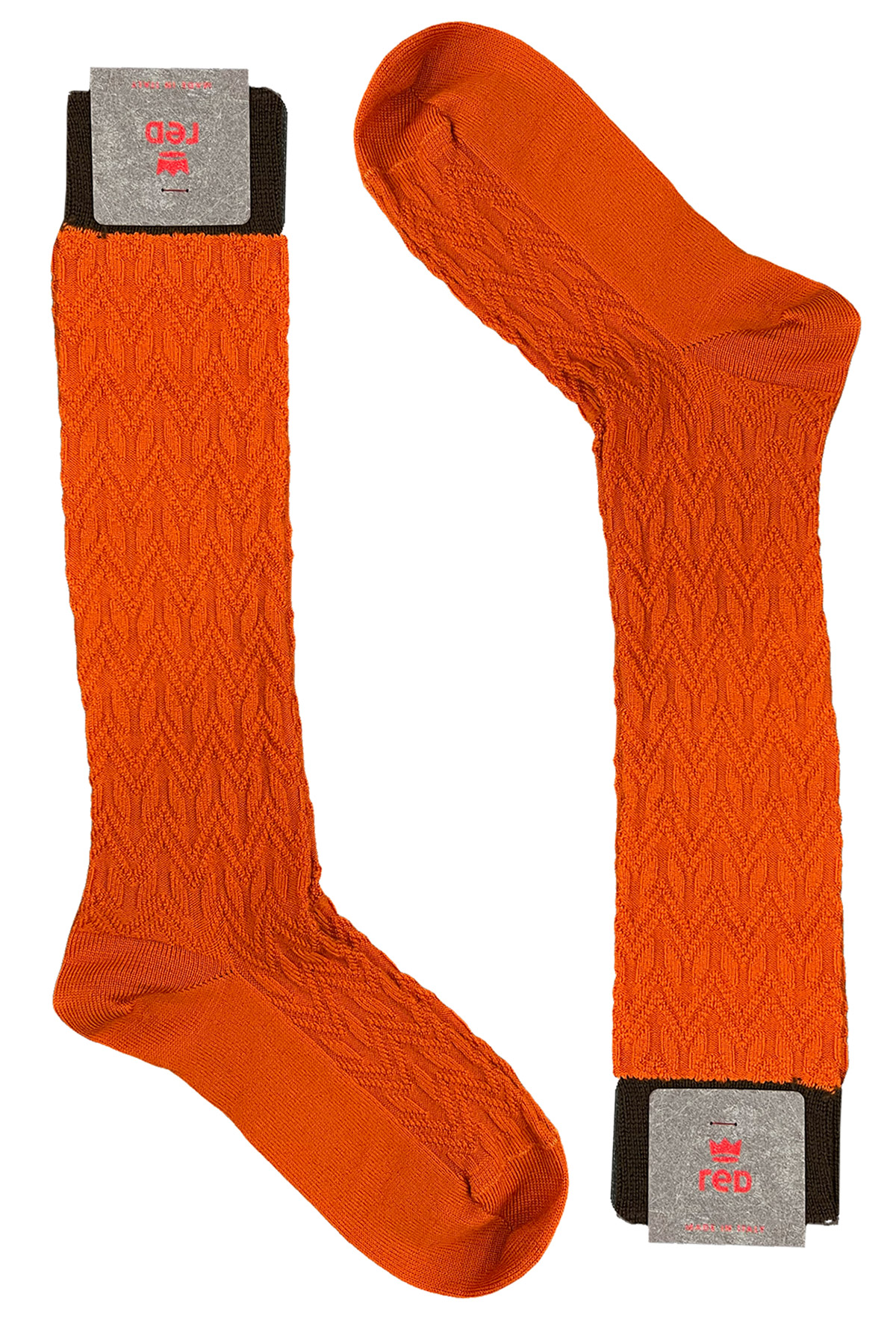 Calzini uomo lunghi arancio in lana fantasia geometrica a rilievo con elastico marrone made in italy