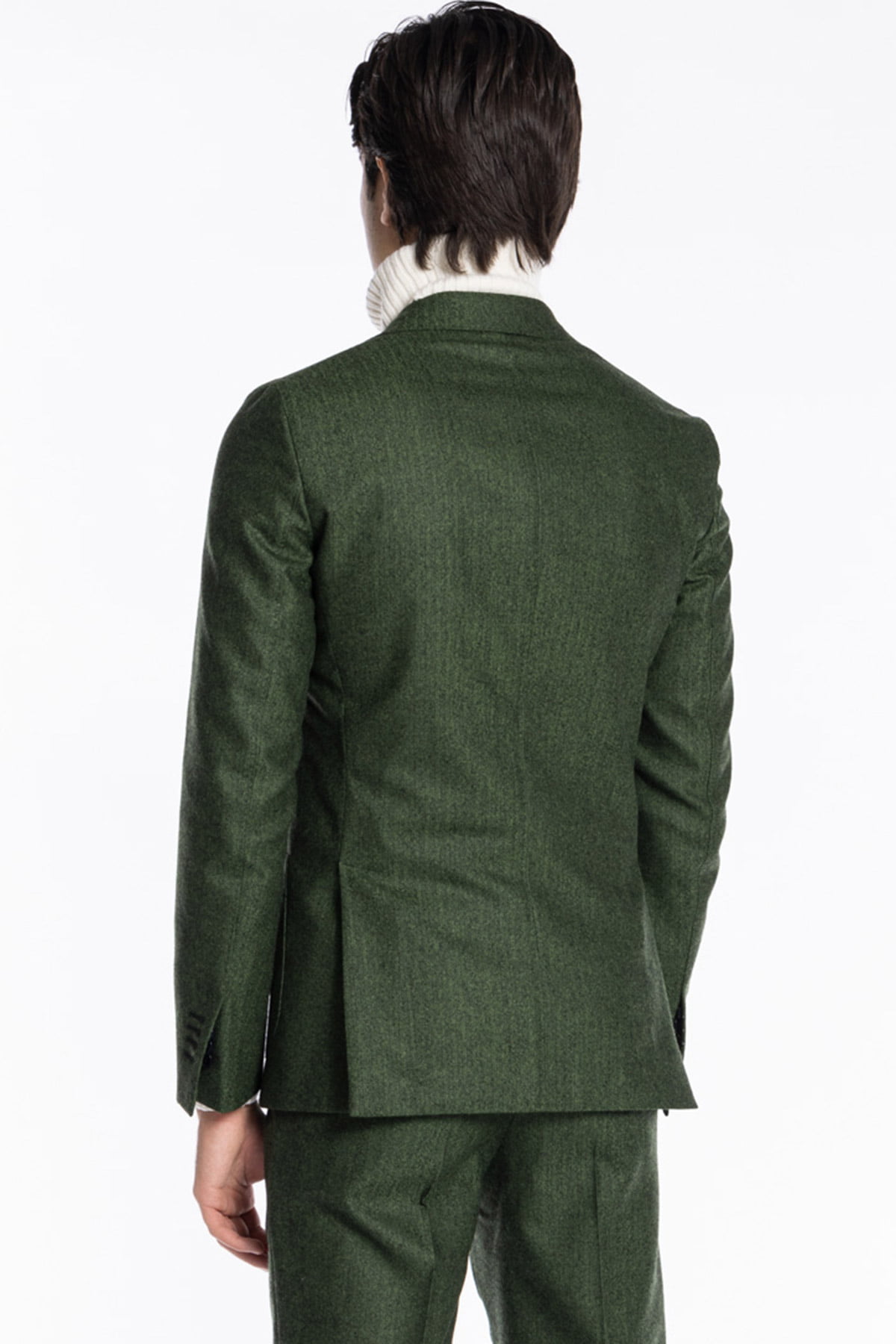 Abito uomo verde spigato con giacca monopetto in pura lana Rever a lancia e tasche a toppe e pantalone vita alta con fibbie regolabili Holland & Sherry