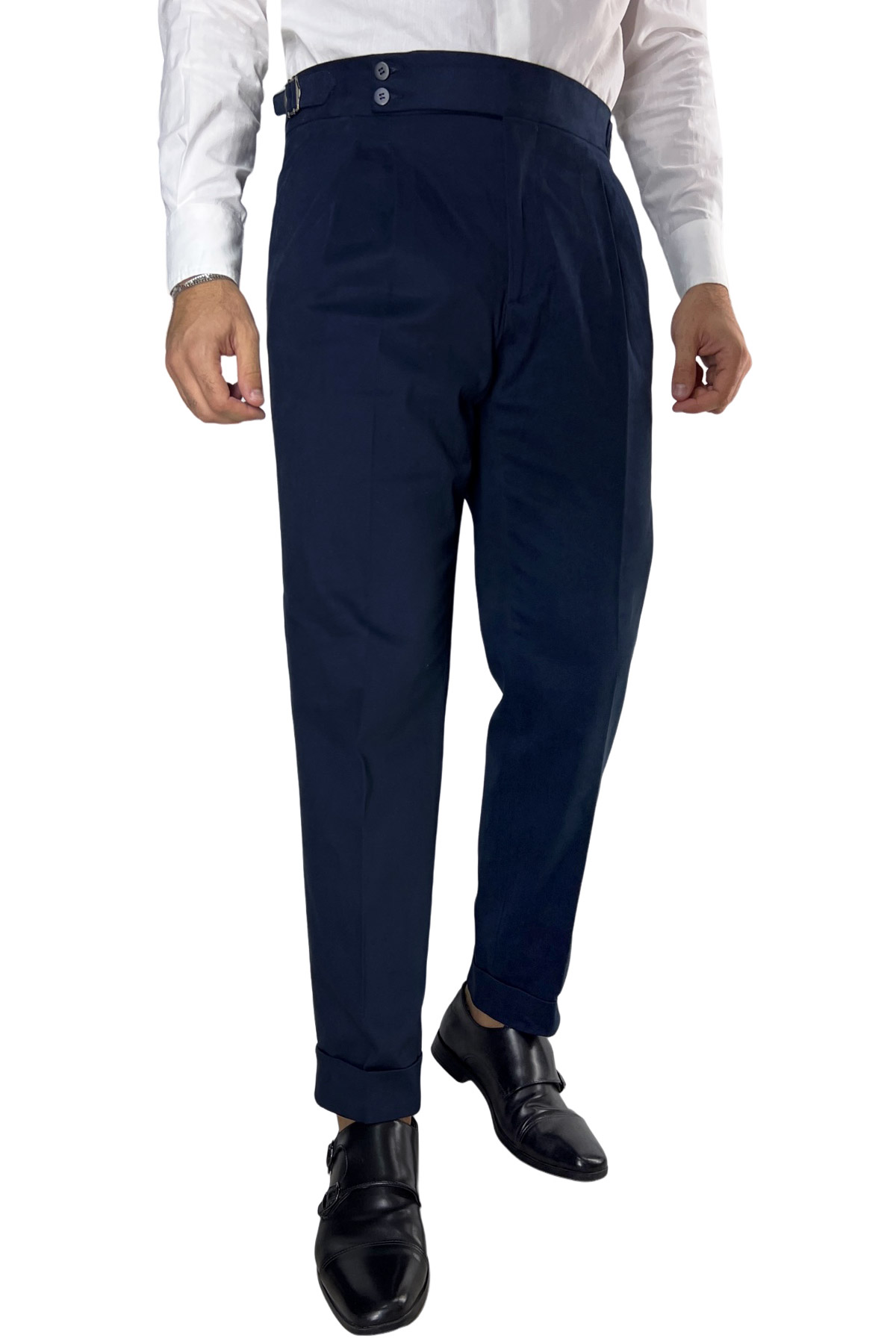 Pantalone uomo navy blu vita alta tasca america in cotone con doppia pinces e fibbie laterali