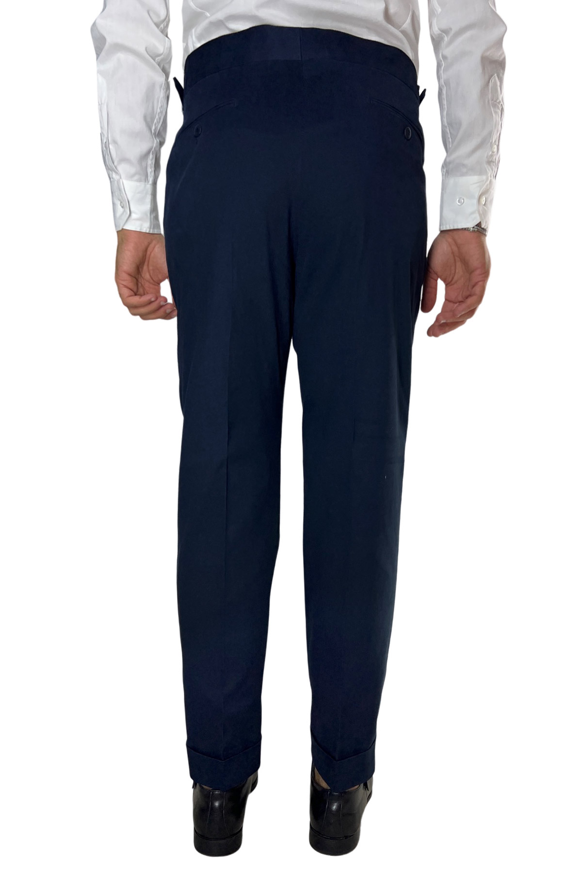 Pantalone uomo navy blu vita alta tasca america in cotone con doppia pinces e fibbie laterali