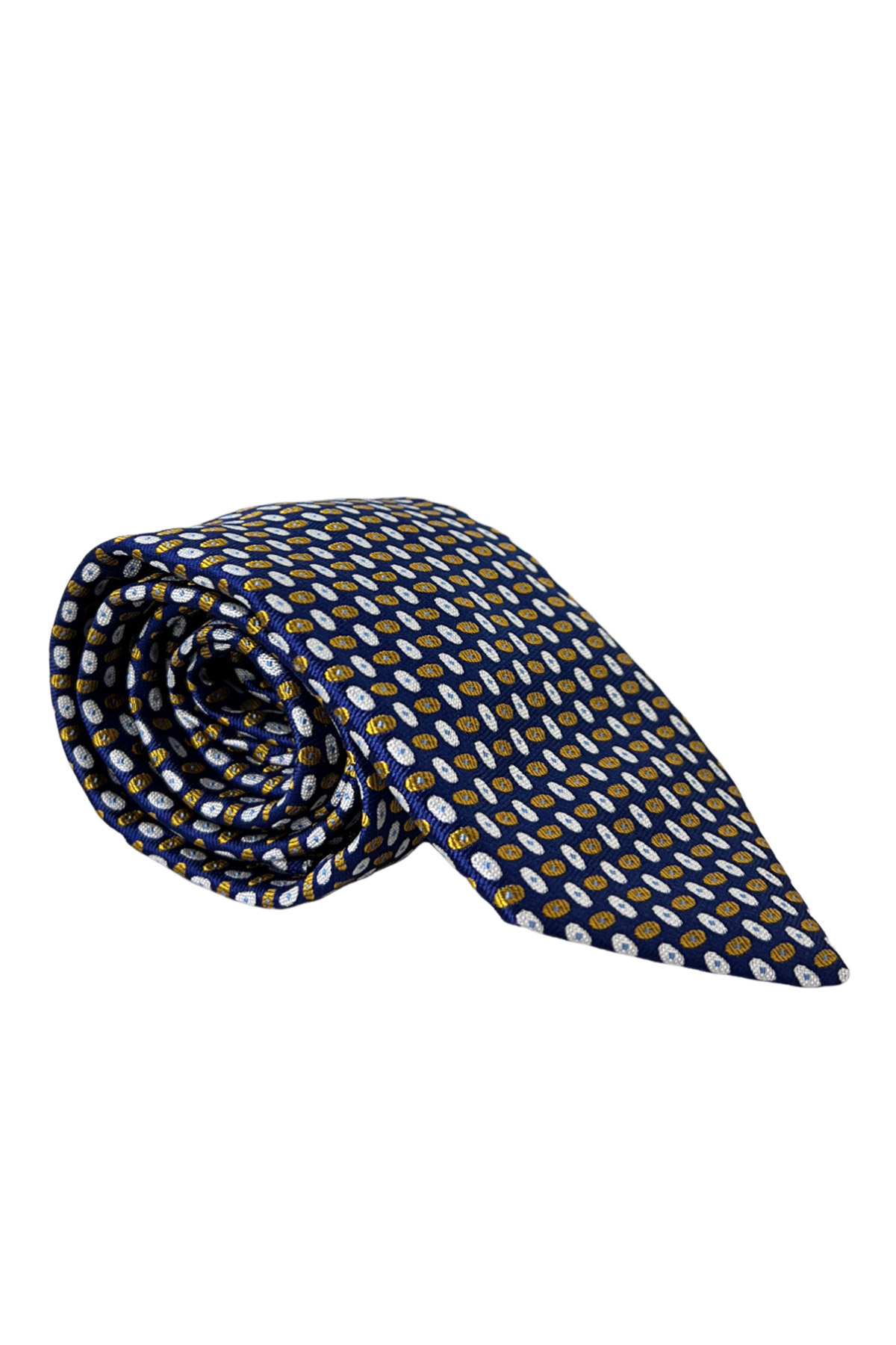 Cravatta uomo blu fantasia ovali multicolor bianchi e senape 9cm da cerimonia elegante pura seta