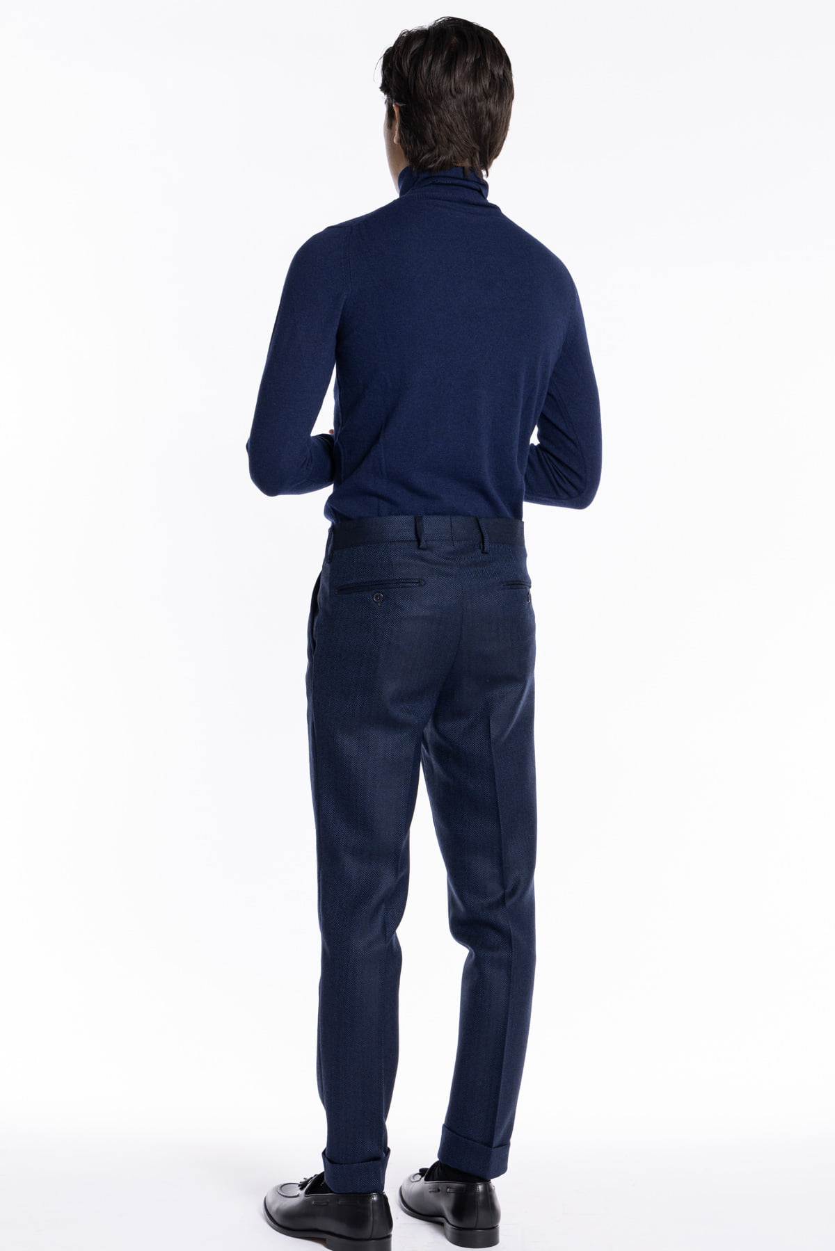 Pantalone uomo blu spigato chiusura prolungata doppia pinces in lana flanella al 100% Bristol Tessuti Napoli